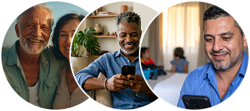 Casal sênior sorrindo, homem usando smartphone e homem sorrindo com smartphone