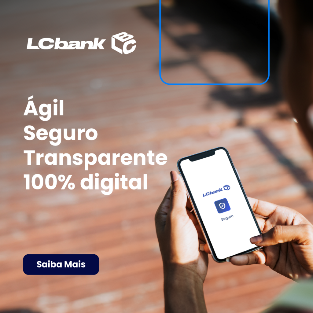 Logo LCbank e texto "Ágil Seguro Transparente 100% digital" em celular.